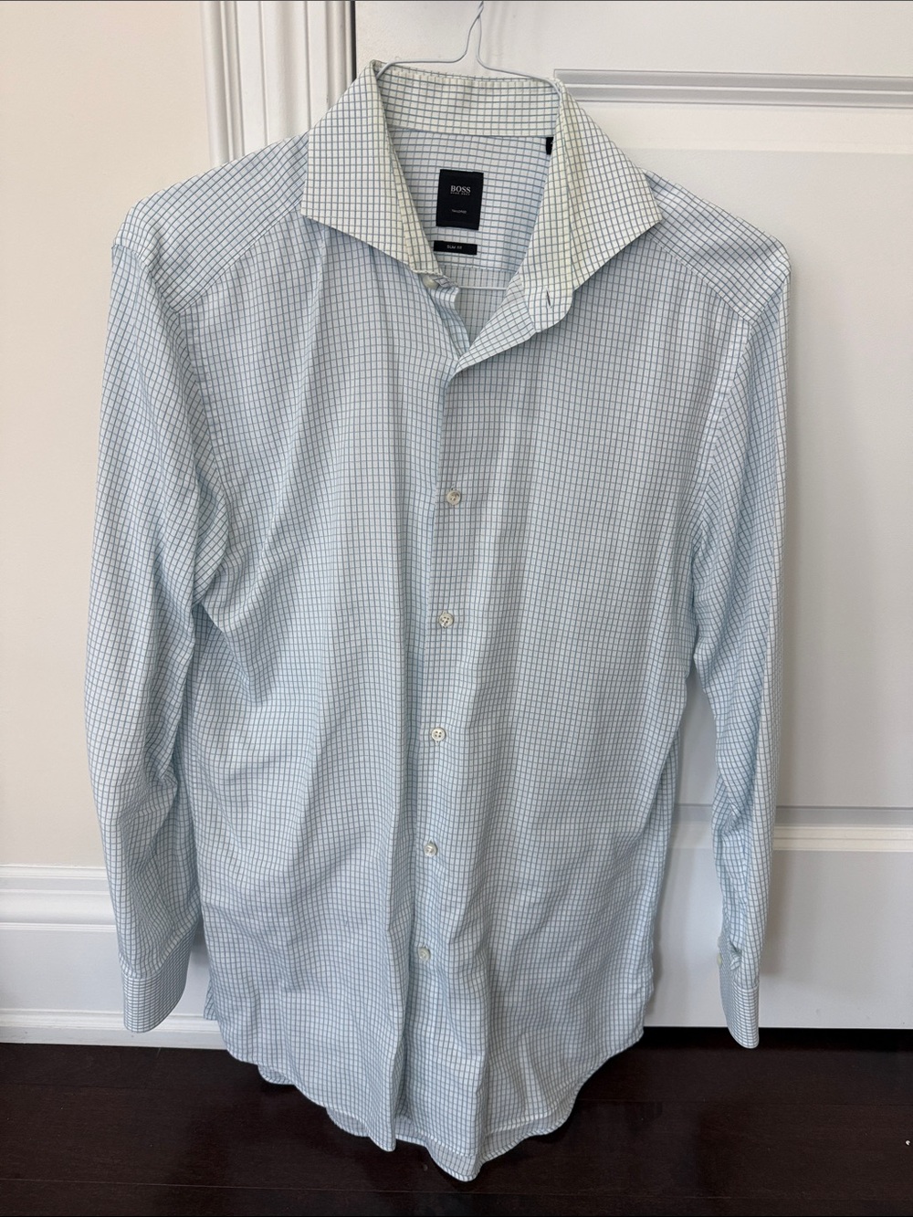 BOSS Men's Cotton Light Blue Micro-Check Dress Shirt